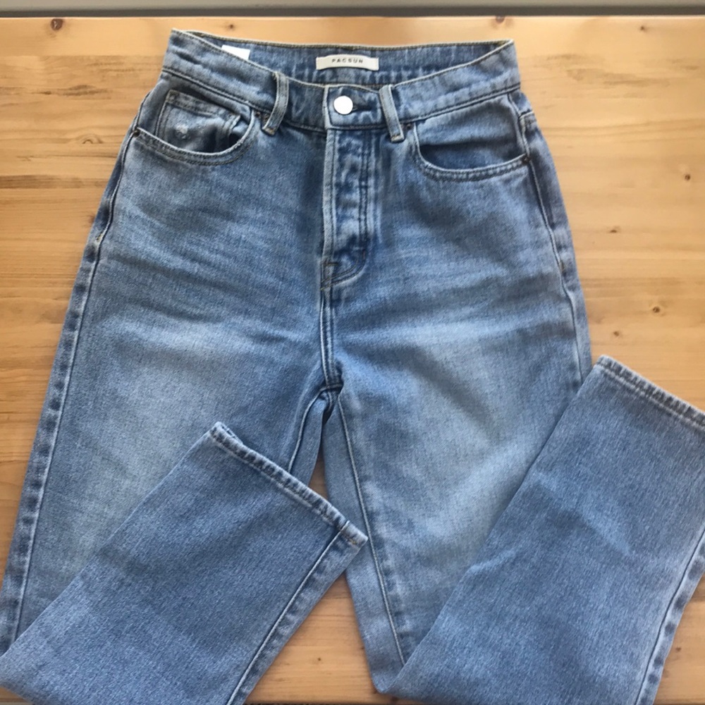 High-waisted light-wash straight leg jeans